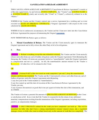 BUNDLE: Postponement AND Cancellation Agreement for Wedding & Event Pros